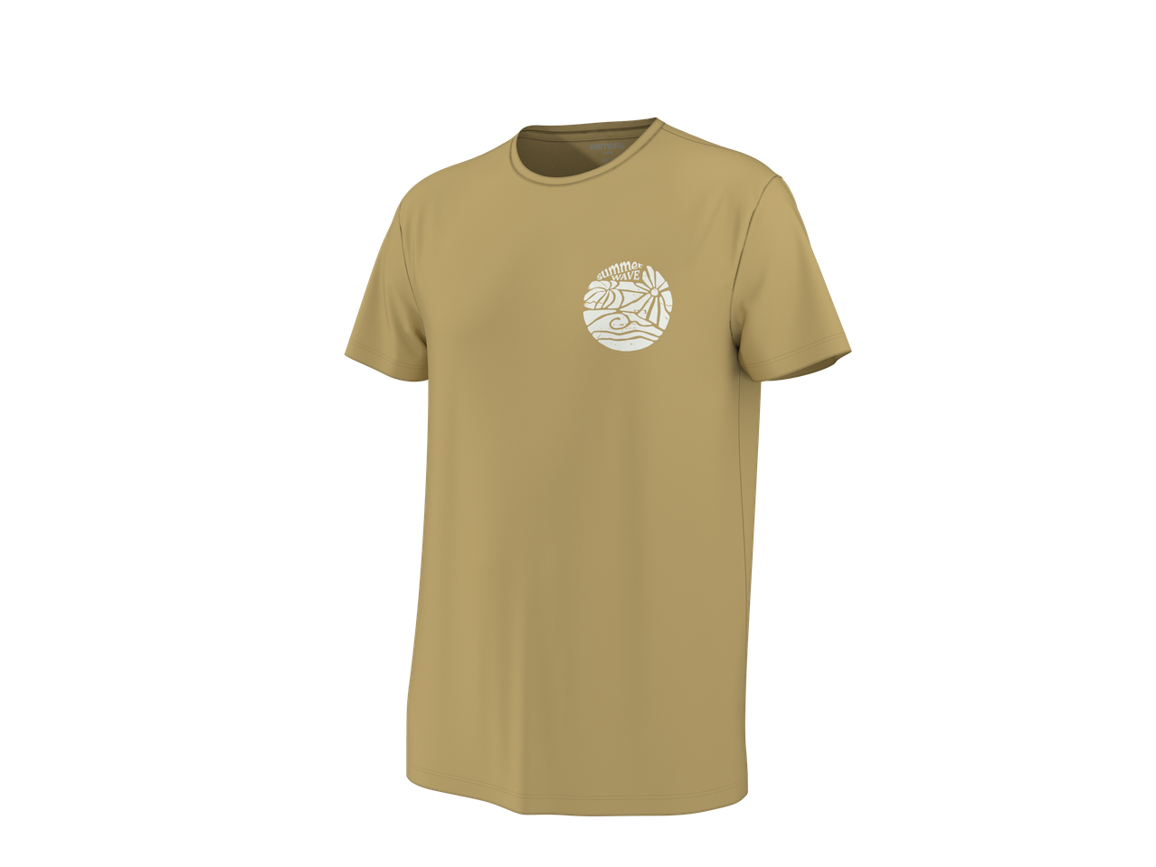 T-shirt beige avec un motif circulaire blanc 'summer wave' représentant des palmiers et des vagues.