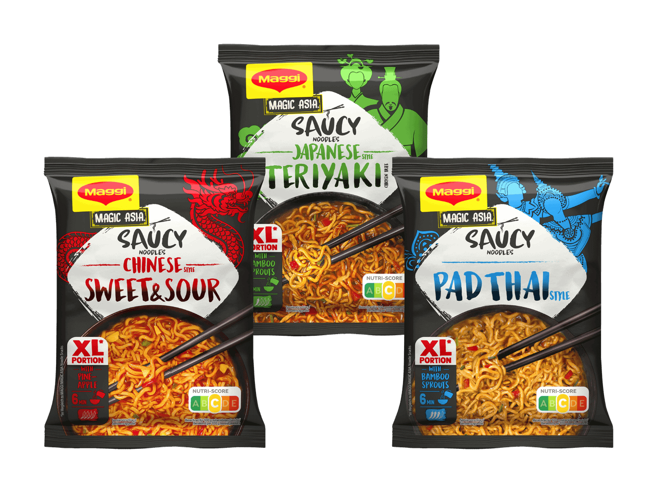 Drei Packungen asiatische Nudeln: Sweet & Sour, Teriyaki und Pad Thai, mit Nutri-Score.