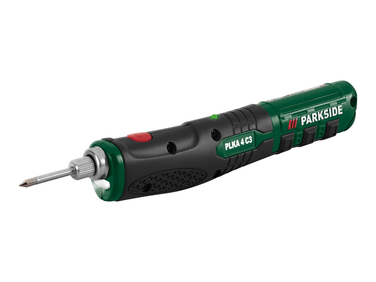 A green and black cordless soldering iron with a silver tip and a red button.