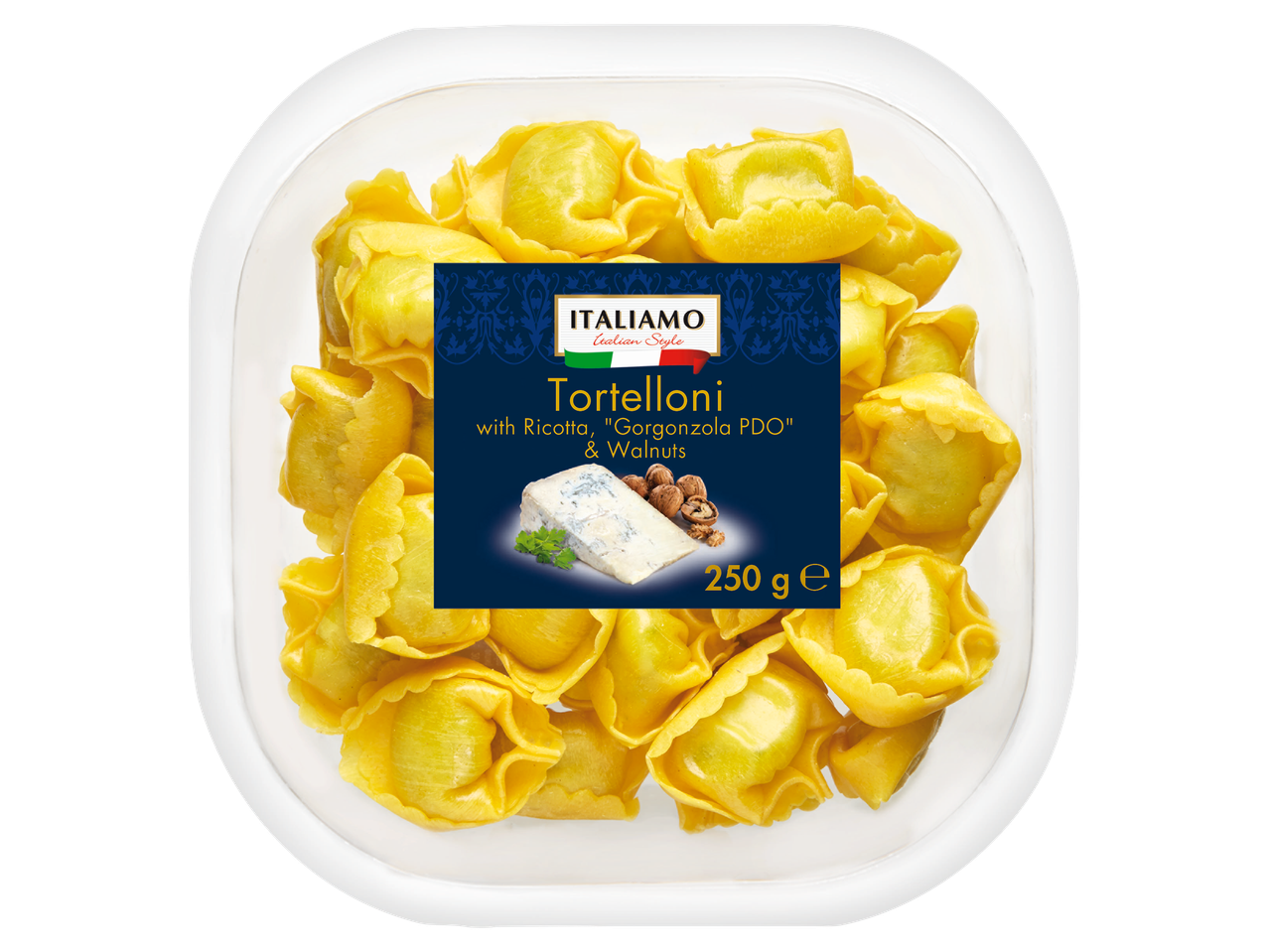 Ricottás, gorgonzolás és diós tortelloni tészta 250 g-os kiszerelésben.