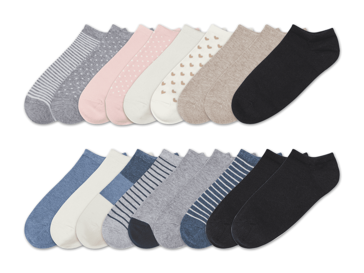 Zwei Reihen von Damensocken in verschiedenen Farben und Mustern.