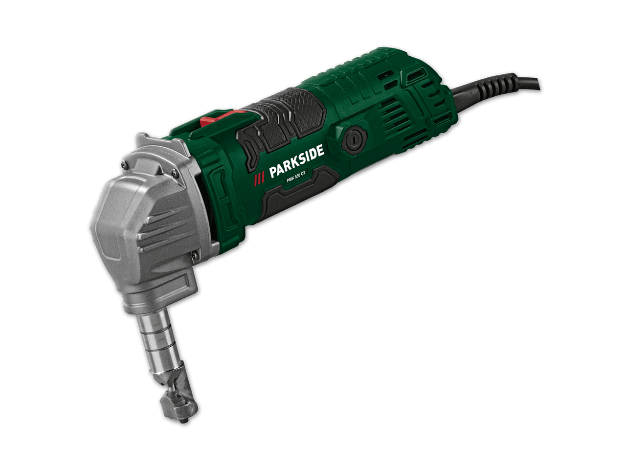 Grüne und graue Parkside PMK 550 C2 Blechschere auf schwarzem Hintergrund.