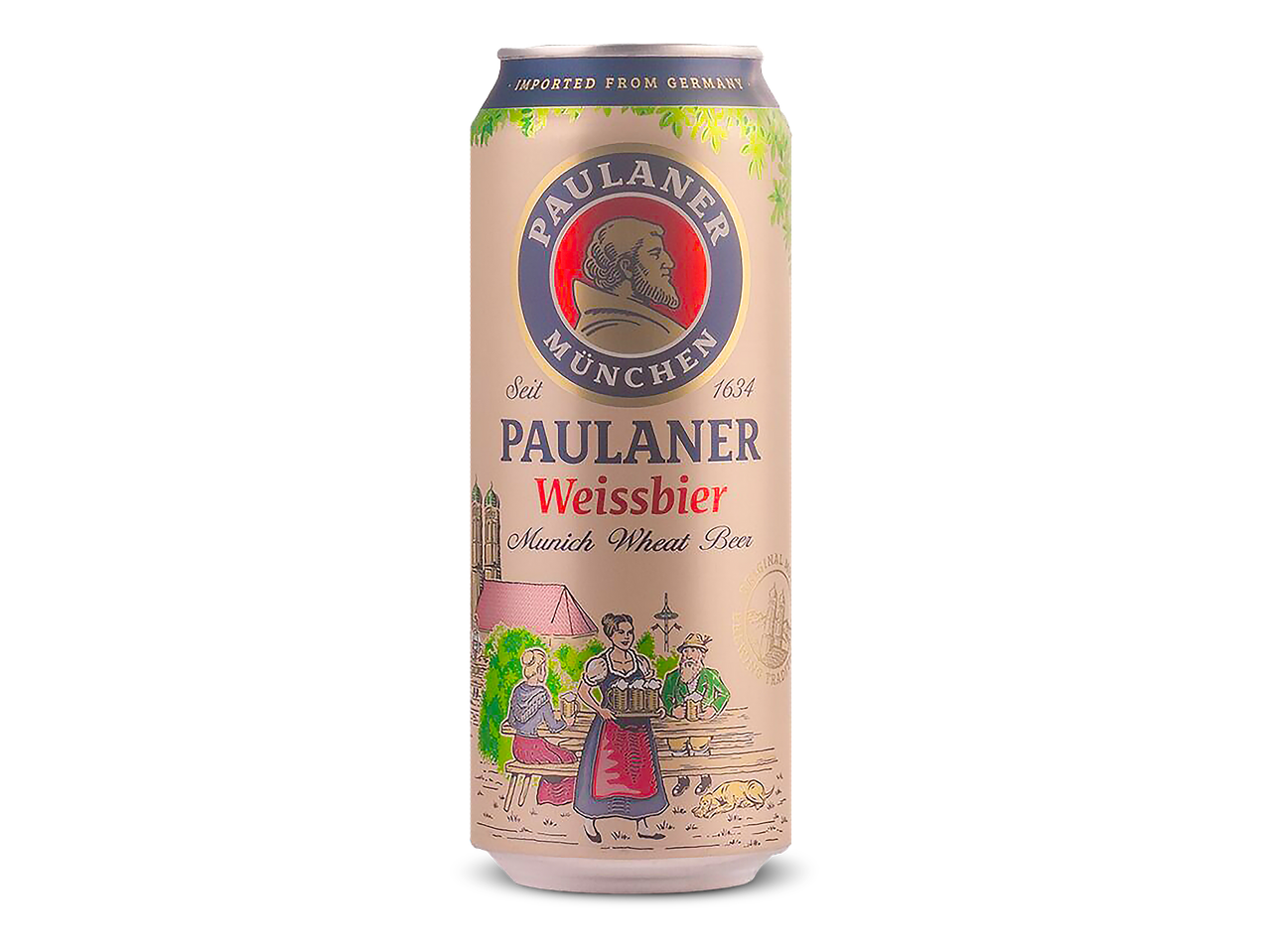 Een blik witbier met een illustratie van mensen die bier drinken in een biertuin.