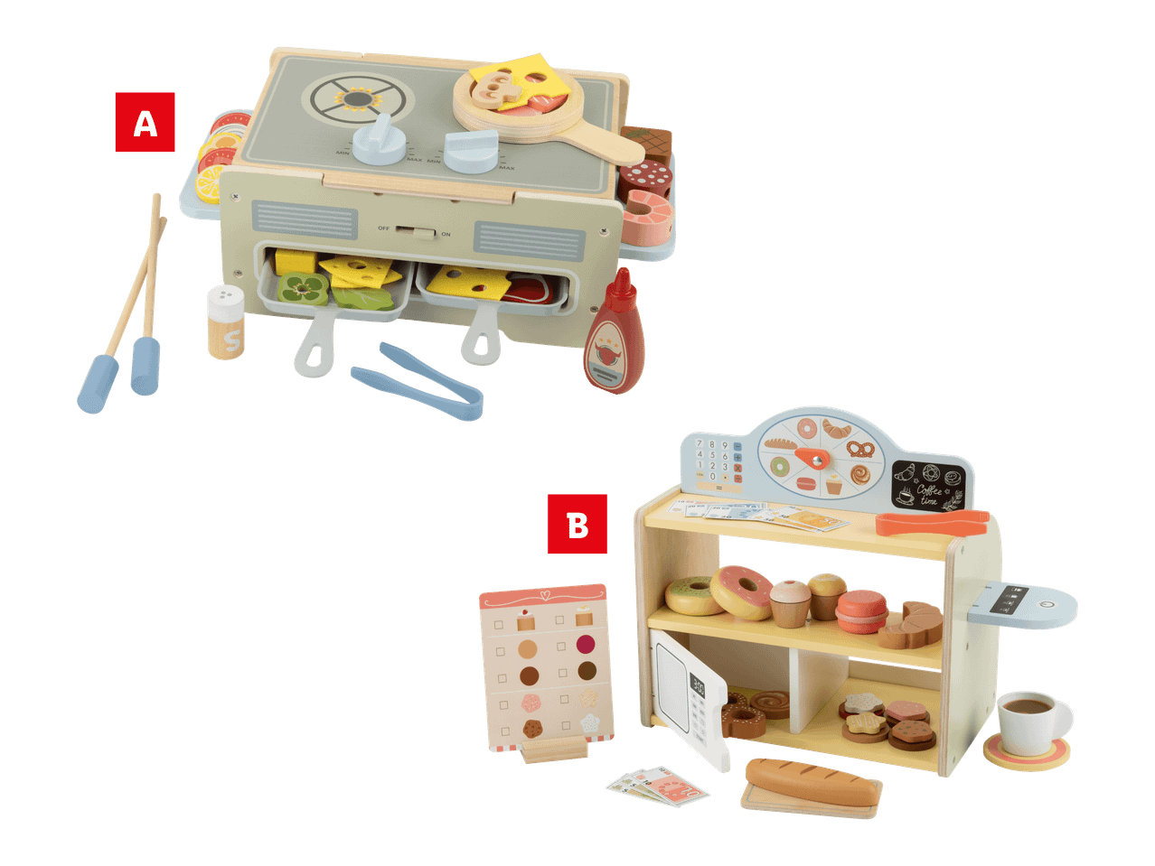 Puinen leikkikeittiö ja leipomokauppa tarvikkeineen.