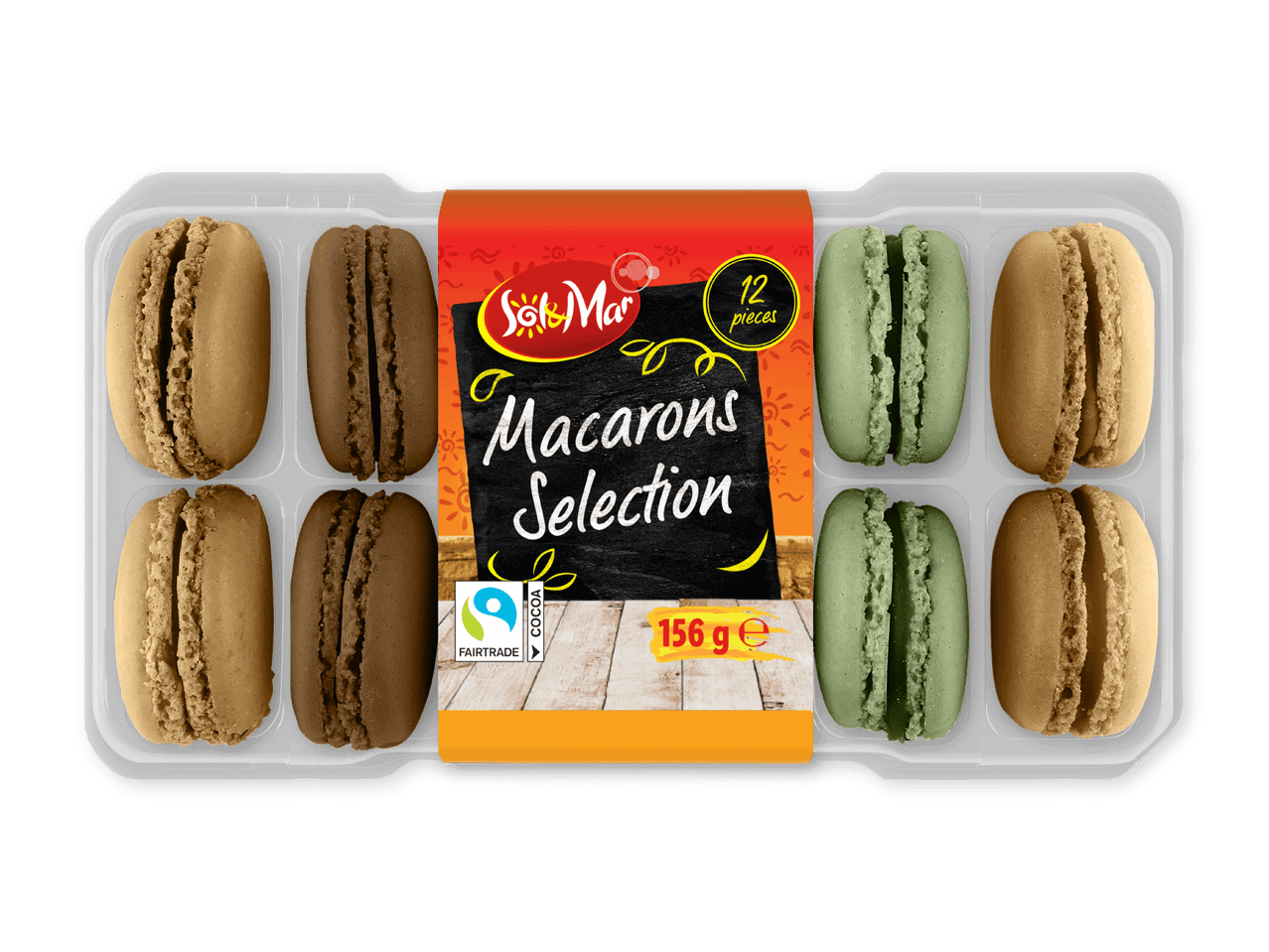 En pakke med 12 makroner i tre farver: brun, mørkebrun og grøn, med teksten 'Macarons Selection'.
