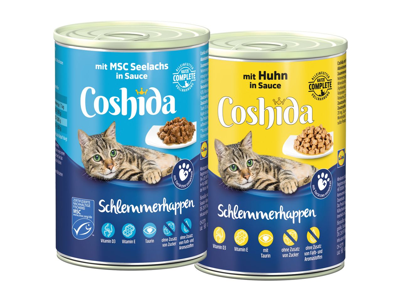 Zwei Dosen Coschida Katzenfutter, eine mit MSC Seelachs, die andere mit Huhn, beide in Sauce.