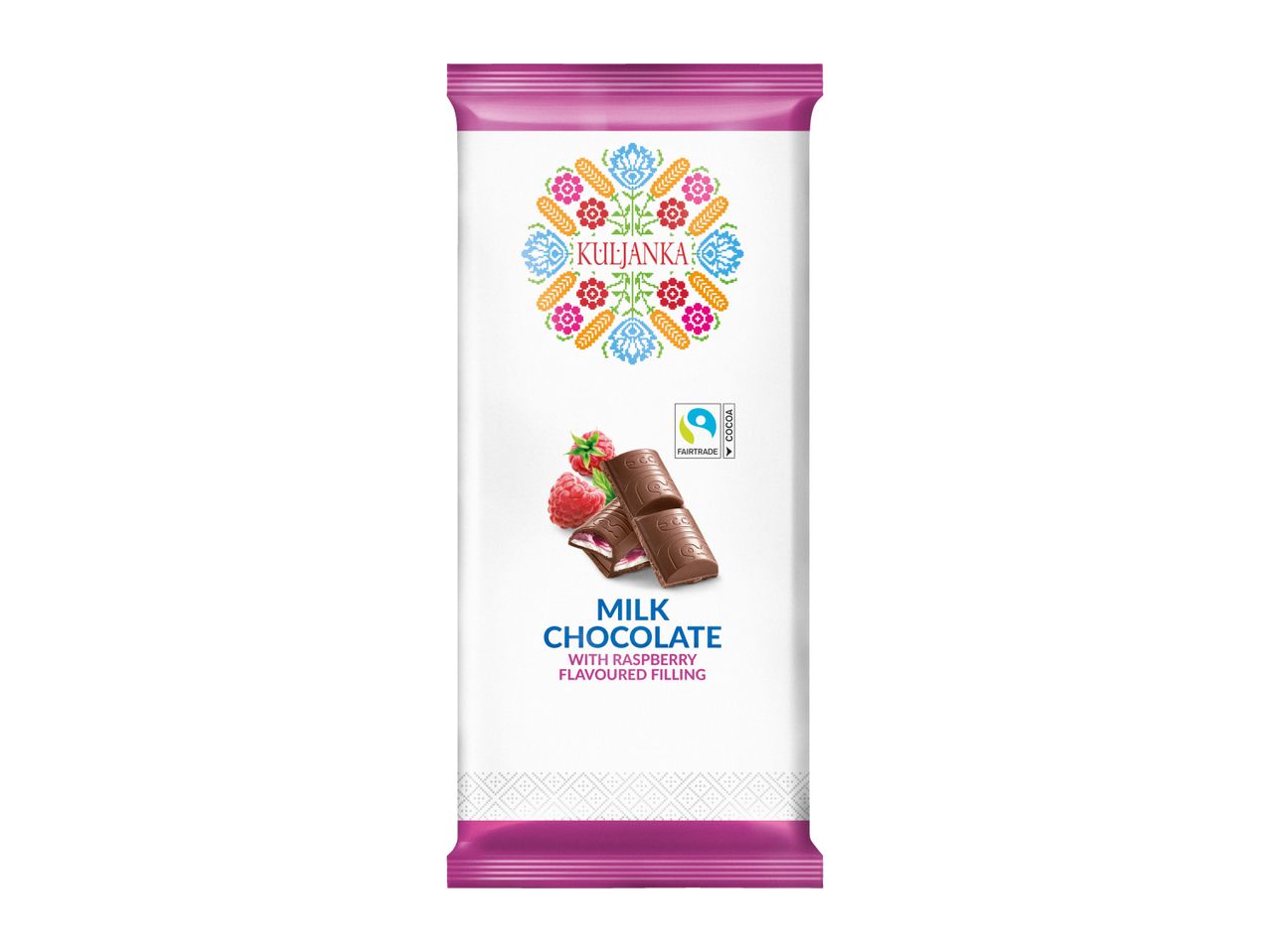 Milk chocolate bar with raspberry filling, Fairtrade cocoa, and folk art design.