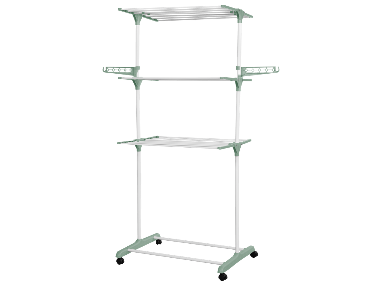 A three-tiered, green and white clothes drying rack with wheels.