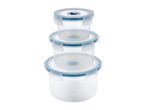 Three round, stackable plastic food storage containers with blue-rimmed locking lids