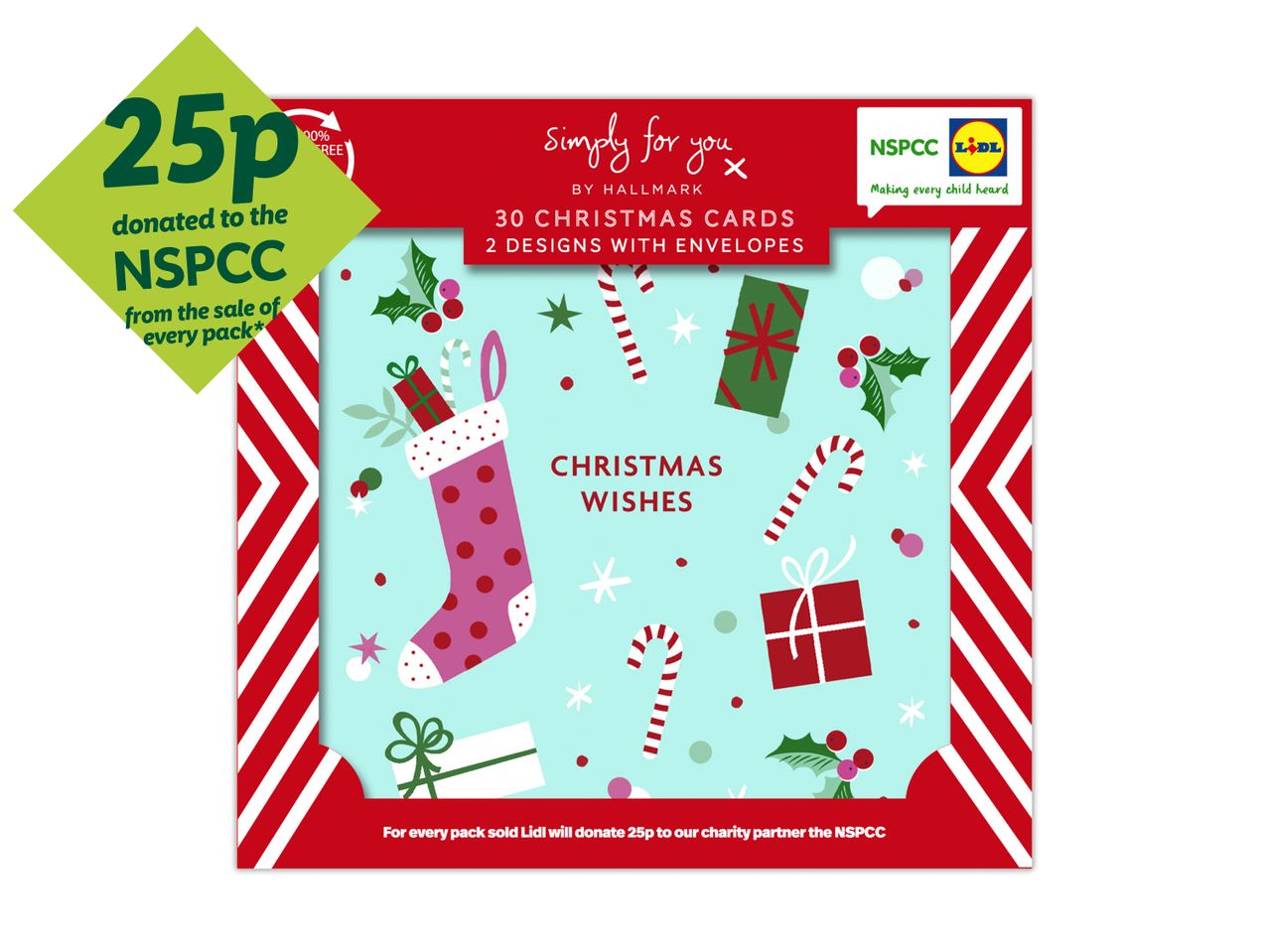 Lidl Christmas cards by Hallmark, 30 cards with 2 designs, 25p donated to NSPCC.