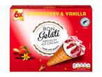 6 Bon Gelati premium ice cream cones, strawberry & vanilla.