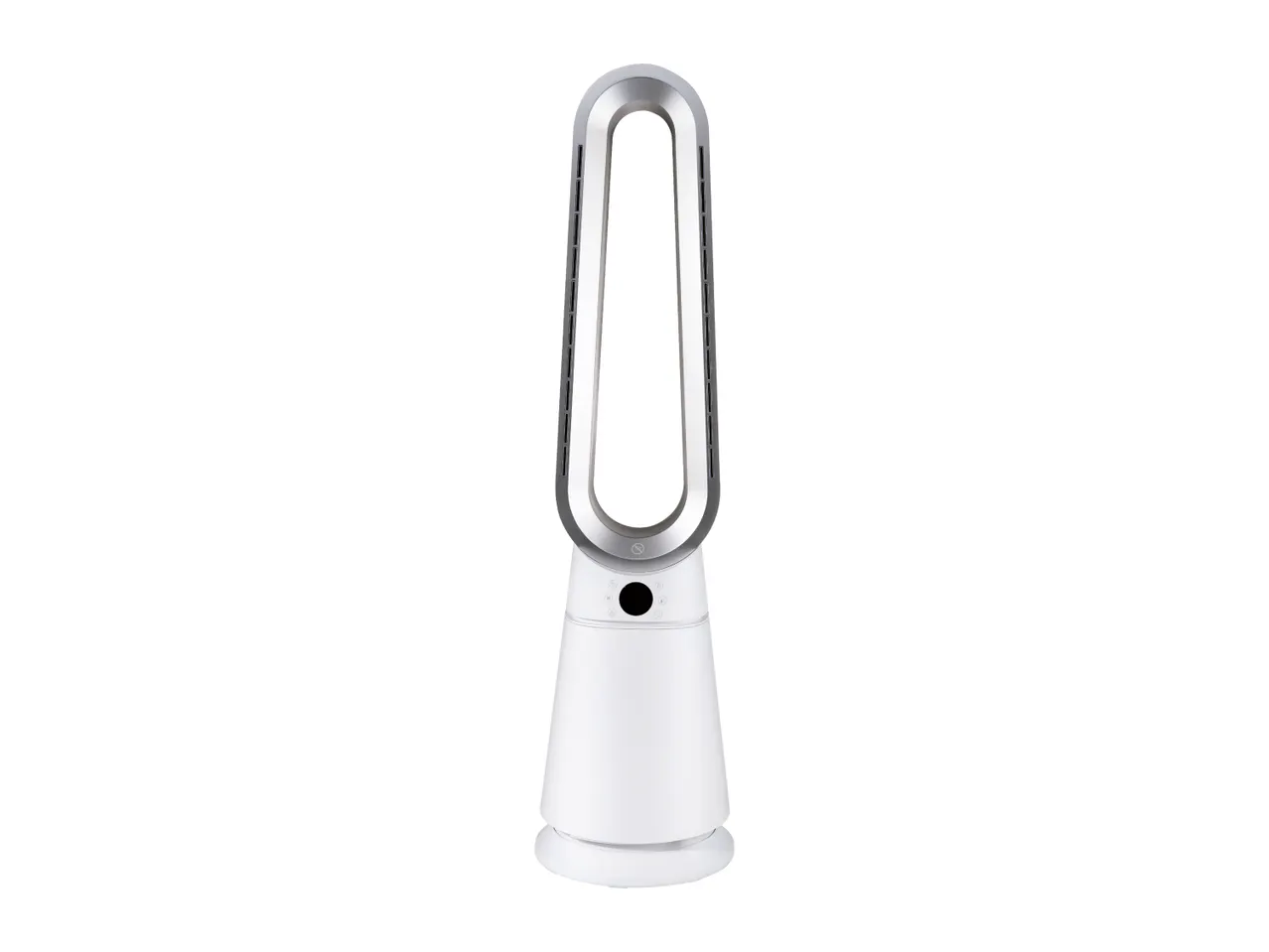 White and silver bladeless tower fan with digital display