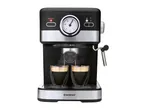 Espresso machine brewing coffee into two double-walled glasses, with a temperature gauge.