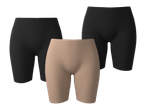 Tri para ženskih kratkih hlača za oblikovanje tijela: jedne rebraste crne, jedne bež i jedne glatke crne.