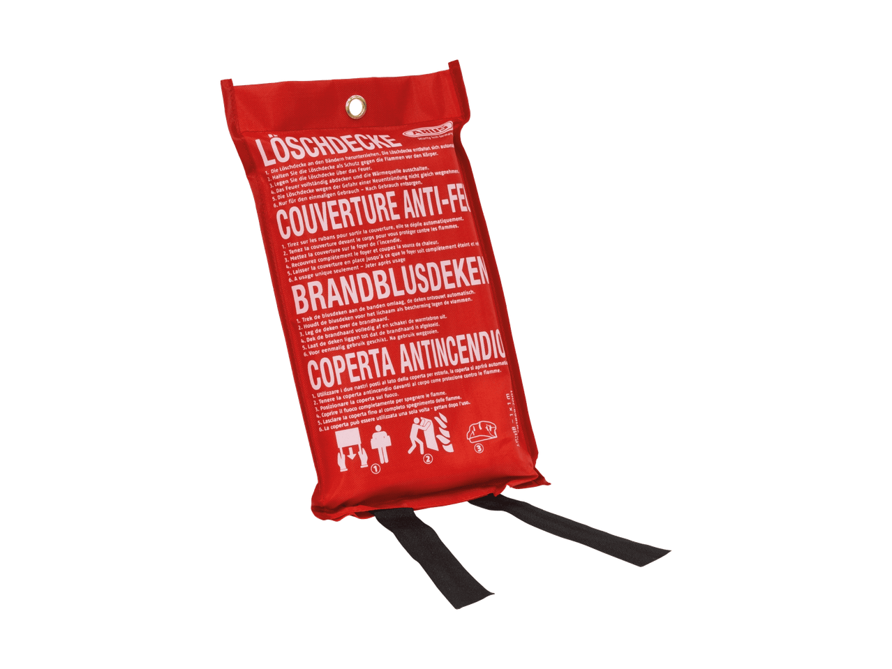 Couverture anti-feu rouge avec instructions multilingues et pictogrammes d'utilisation.