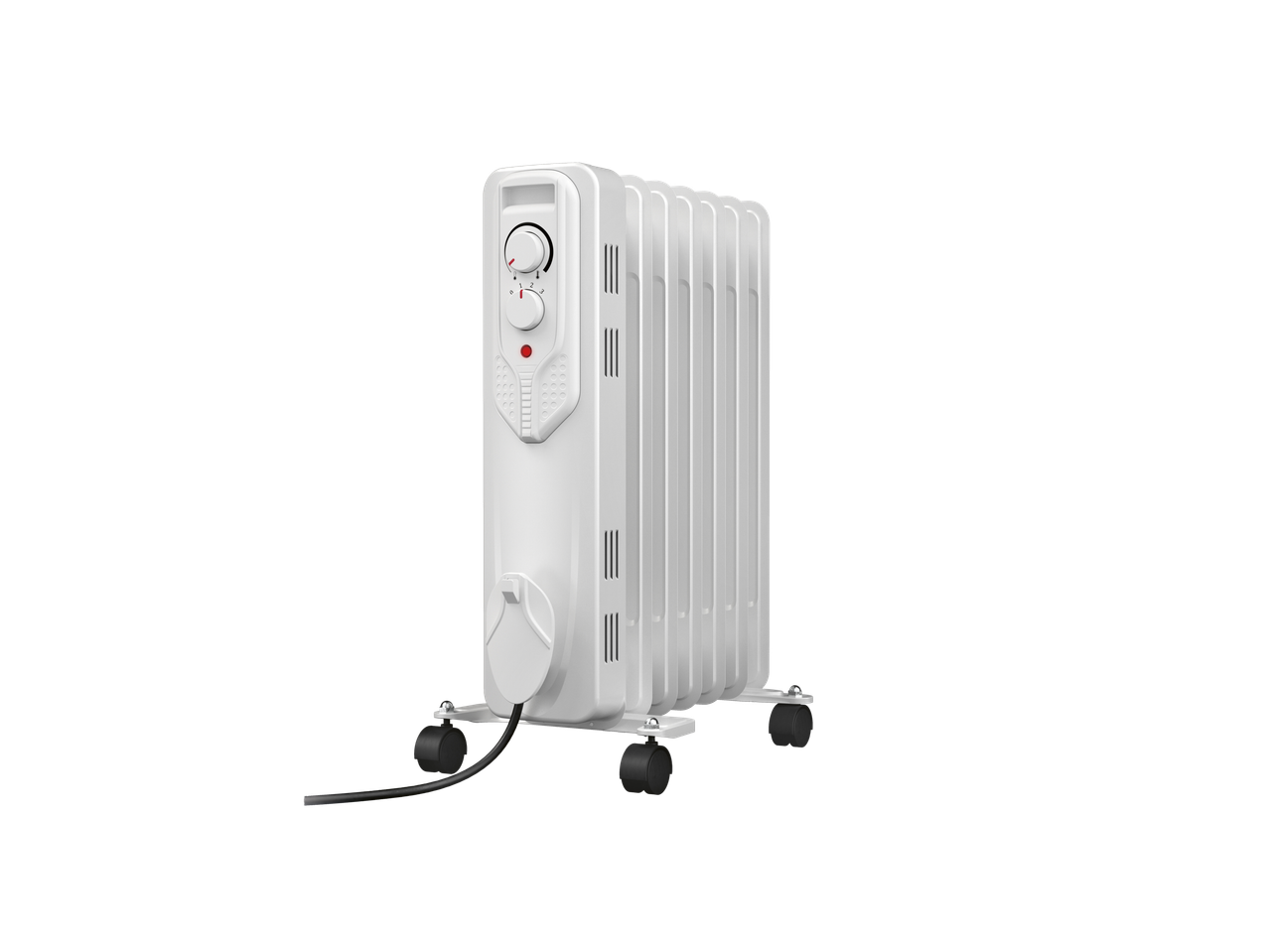 Baltas TRONIC® alyvos radiatorius su ratukais ir valdymo pultu.