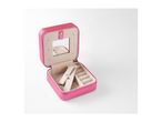 Pink faux leather jewelry box with compartments and mirror.