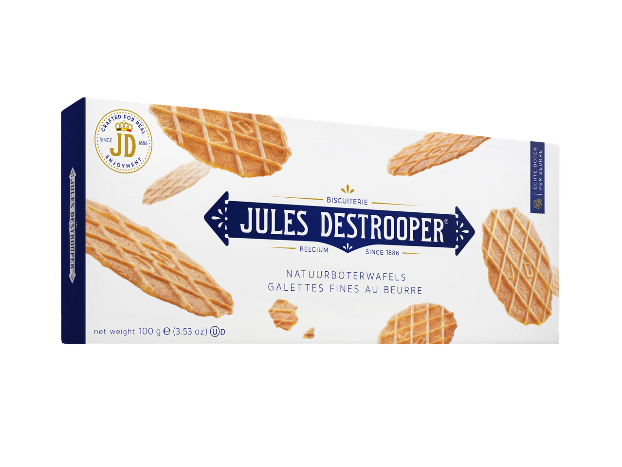 Een doos met fijne boterwafels, met de tekst 'Natuurboterwafels' en 'Galettes Fines au Beurre'.
