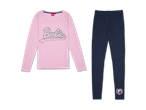 Barbie Schlafanzug: Rosa Langarmshirt mit Barbie-Aufdruck und dunkelblaue Leggings.
