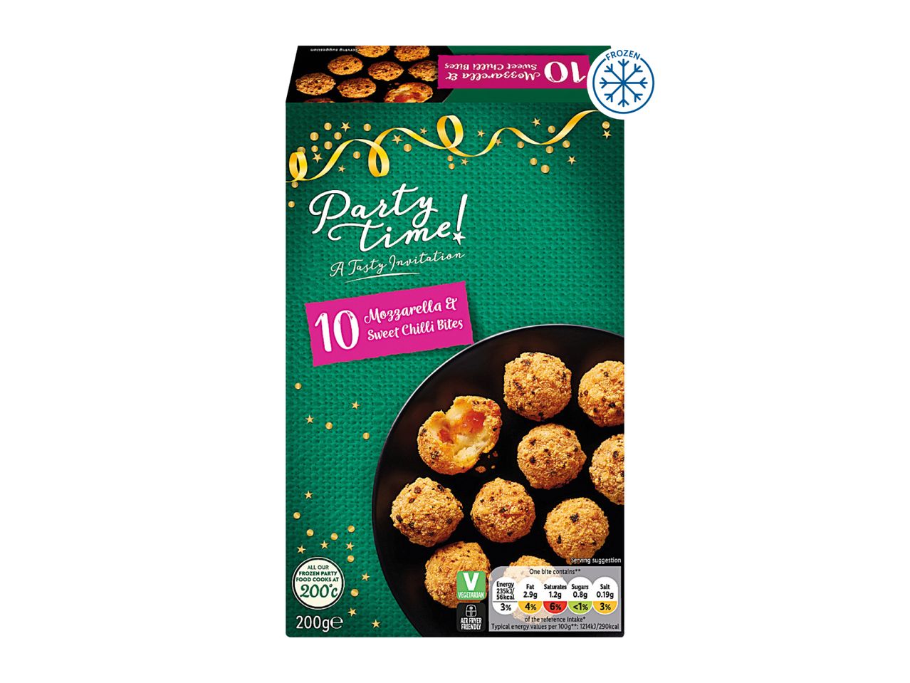 Party Time! 10 Mozzarella & Sweet Chilli Bites, frozen, vegetarian, air fryer friendly.