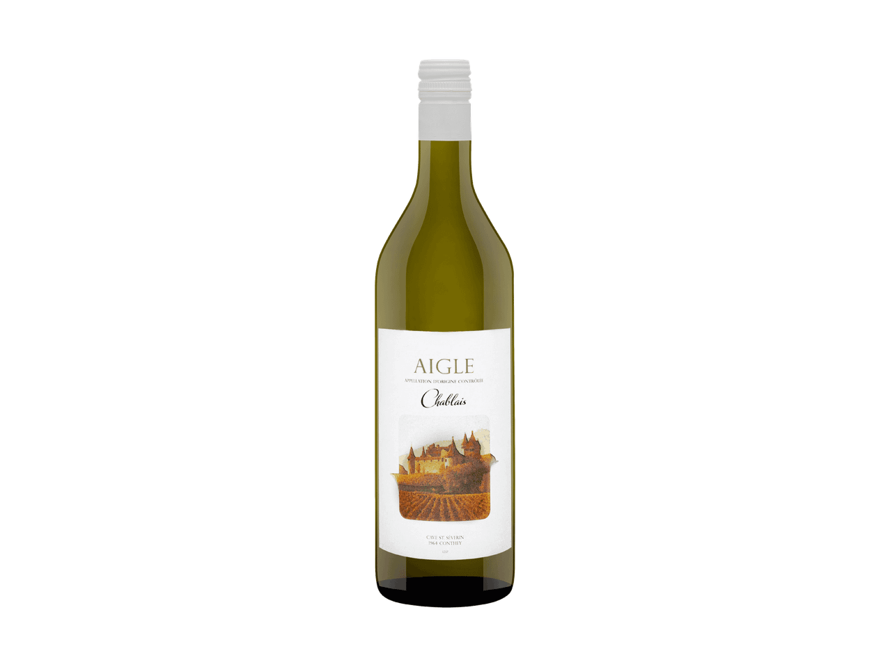 Bouteille de vin blanc avec une étiquette représentant un château et des vignobles.
