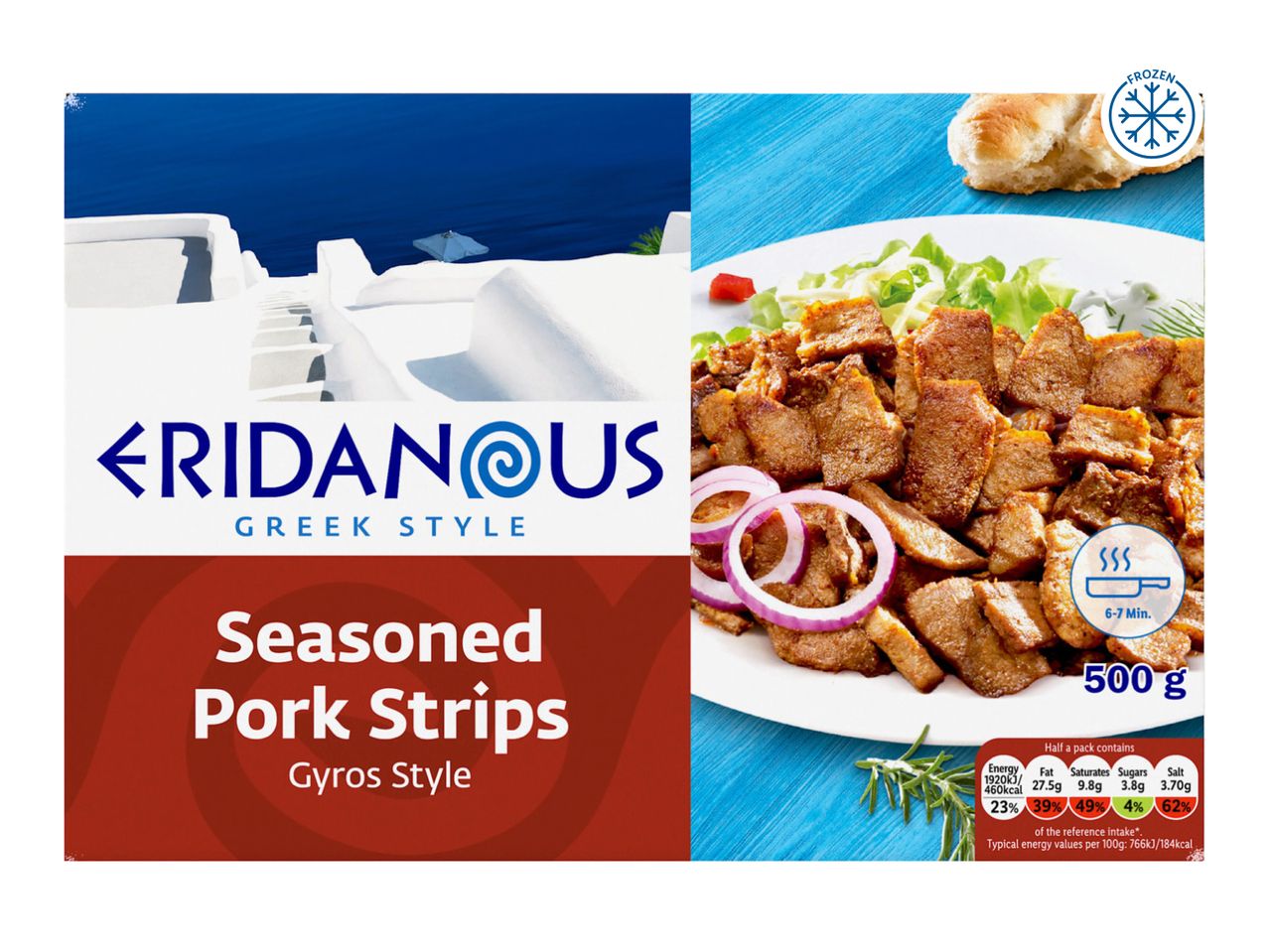 ERIDANOUS Seasoned Pork Strips Gyros Style with Greek island background.