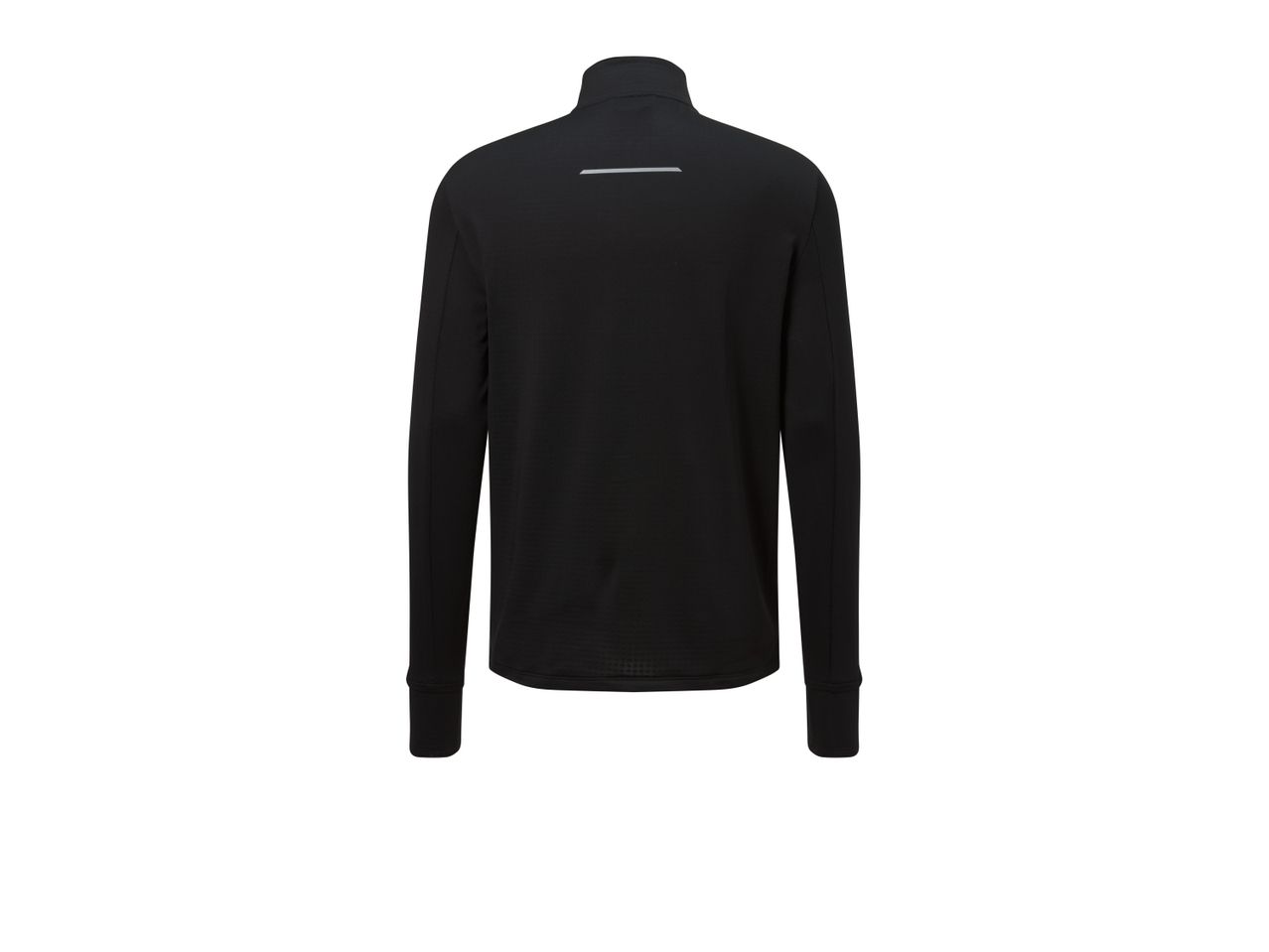 Black long-sleeved athletic top with a reflective stripe on the back