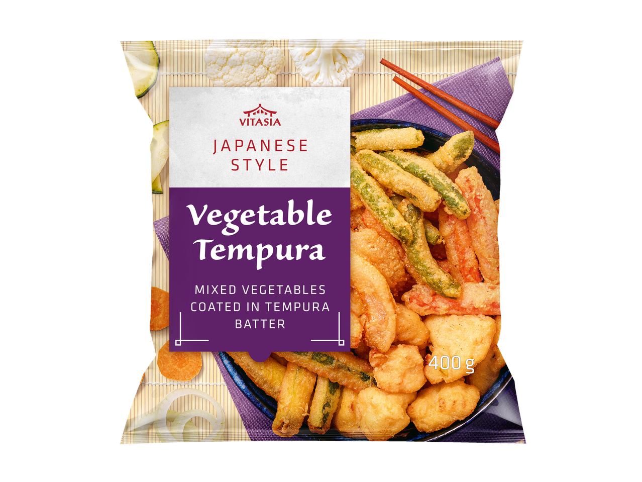 Vitasia Tempura de Legumes Estilo Japonês: Legumes mistos em massa tempura.