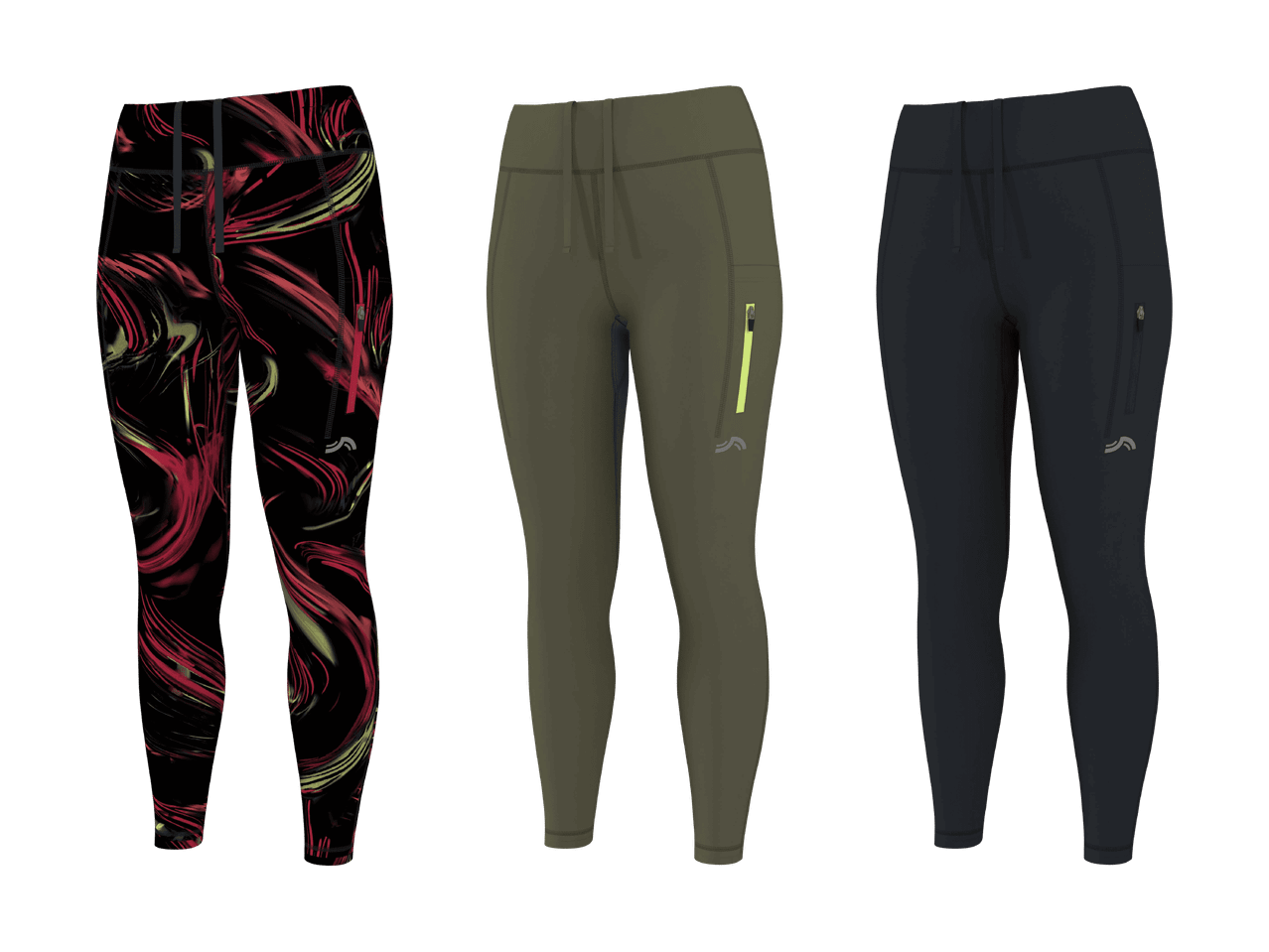 Tre paia di leggings sportivi da donna: uno nero con stampa astratta rossa e gialla, uno verde oliva e uno blu scuro.