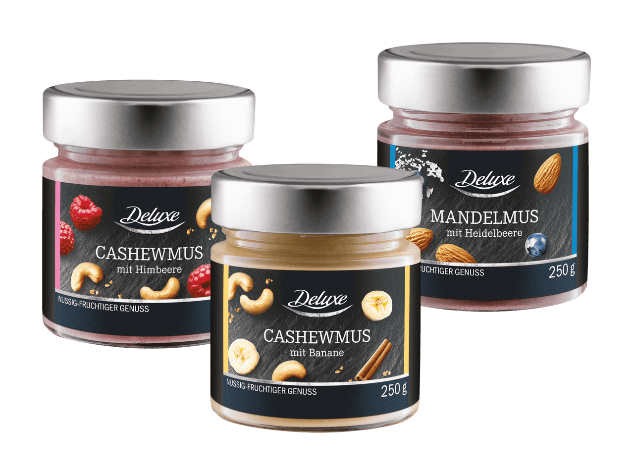 Drei Gläser Nussmus: Cashewmus mit Himbeere, Cashewmus mit Banane und Mandelmus mit Heidelbeere.