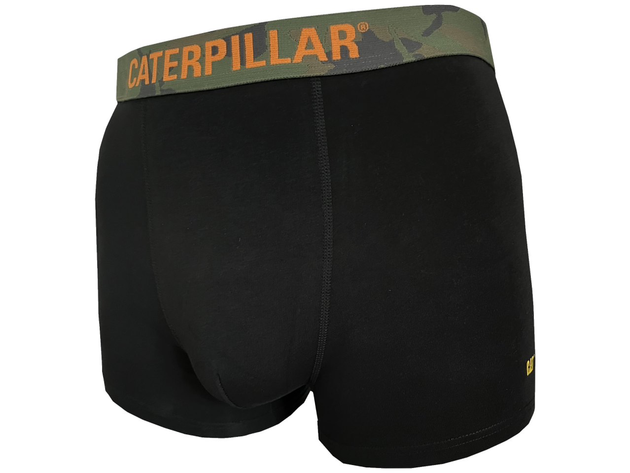 Black men's short boxers with a camouflage waistband featuring the orange 'CATERPILLAR' logo.