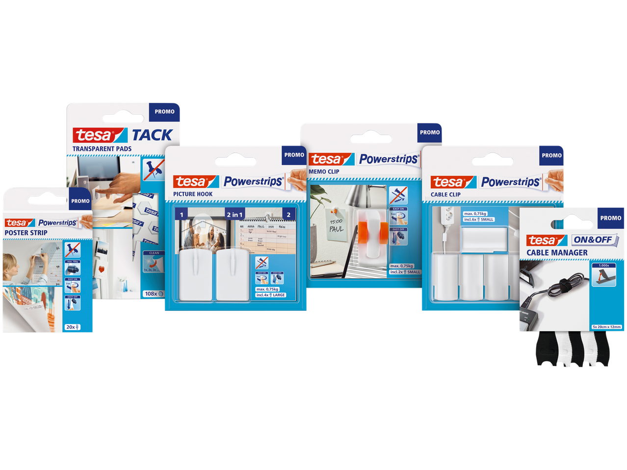 Diverse produse tesa Powerstrips, inclusiv tampoane transparente, cârlige pentru tablouri, cleme pentru notițe și cleme pentru cabluri.