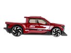 Red Hot Wheels Ford F-150 Lightning toy truck with white graphics.