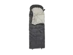 Grey sleeping bag with a light-colored interior, partially unzipped to show the inside.