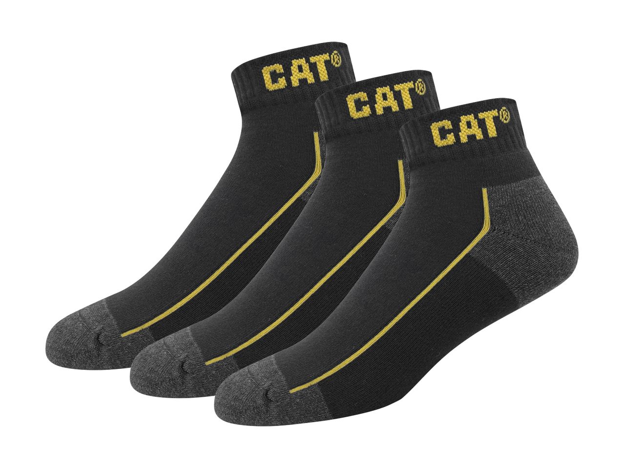 Tre par Caterpillar ankelsokker i sort med gule detaljer.