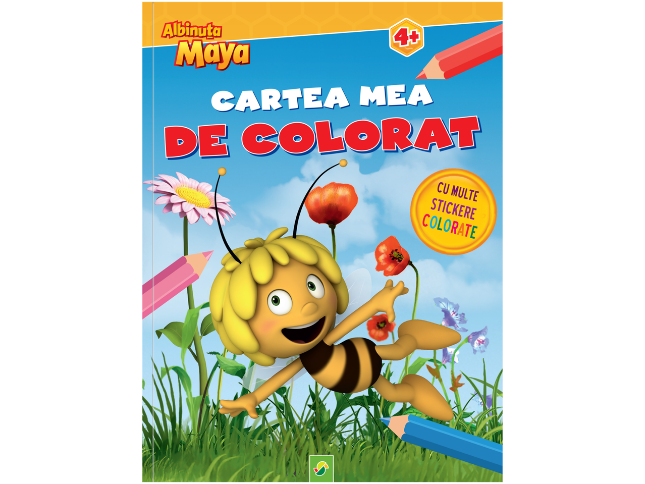Carte de colorat cu Albinuța Maya pentru copii de 4+ ani, cu multe stickere colorate.