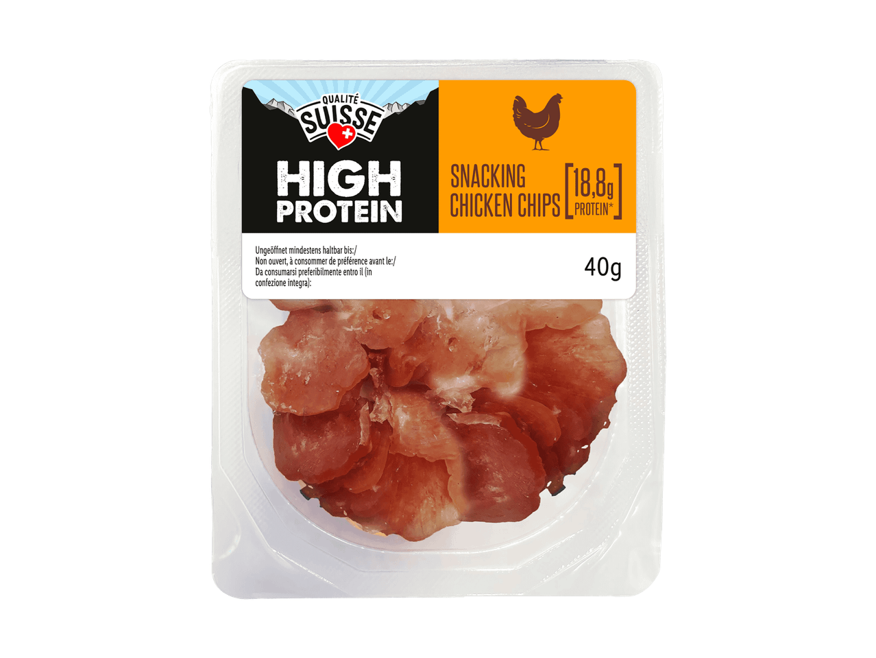 Packung mit 40g proteinreichen Hähnchen-Chips.