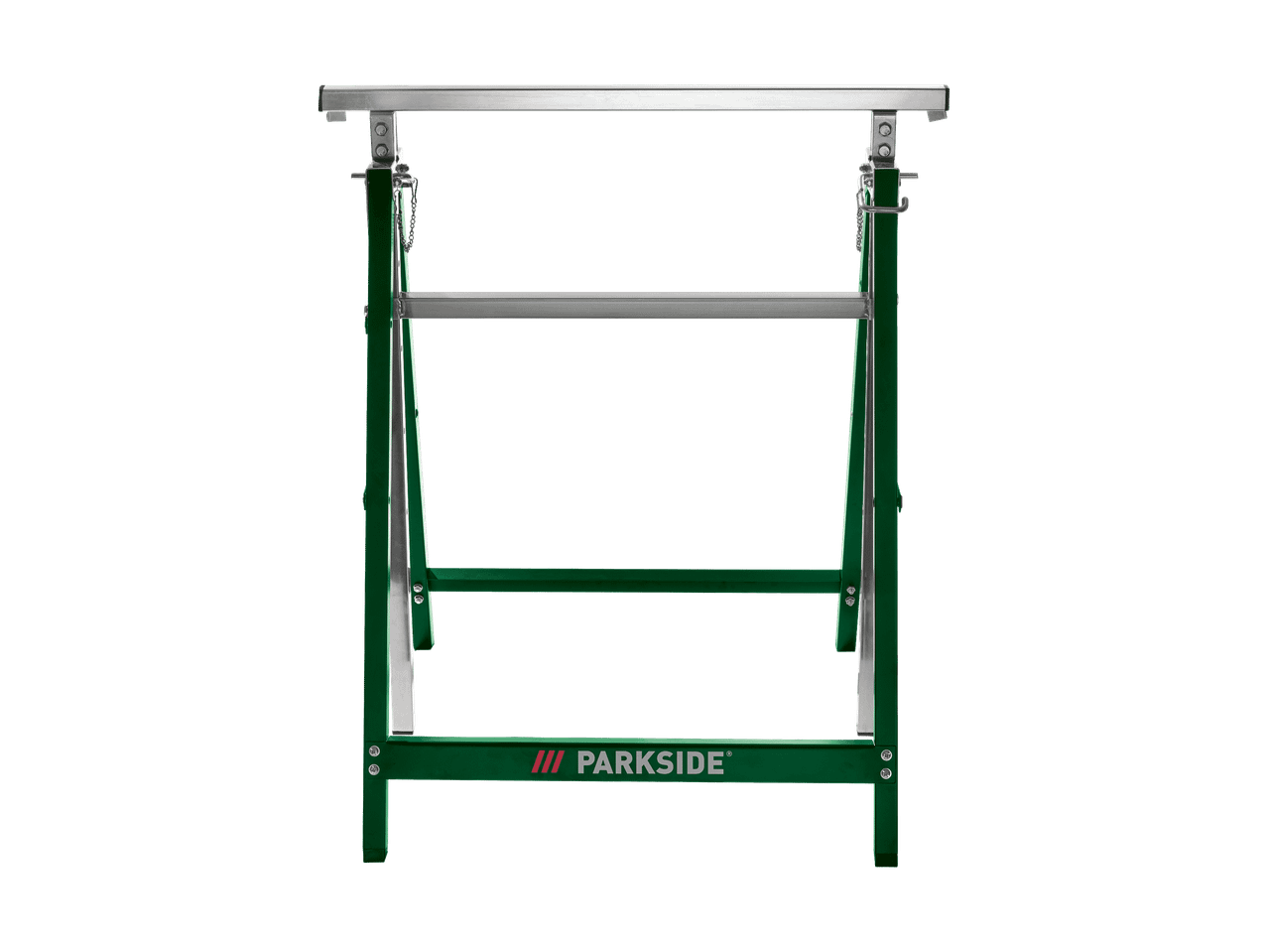 Grüner Parkside Sägebock mit silbernen Querstreben auf schwarzem Hintergrund.
