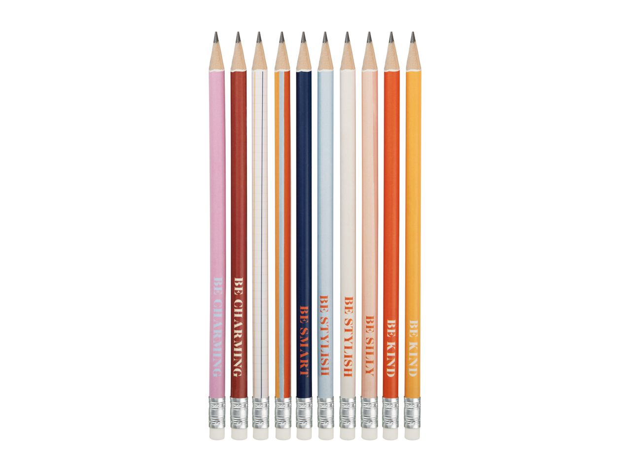 Ten colorful pencils with motivational phrases like 'BE CHARMING', 'BE SMART', 'BE STYLISH', 'BE SILLY', and 'BE KIND'.