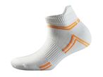 White athletic ankle sock with orange stripes and textured knit patterns.