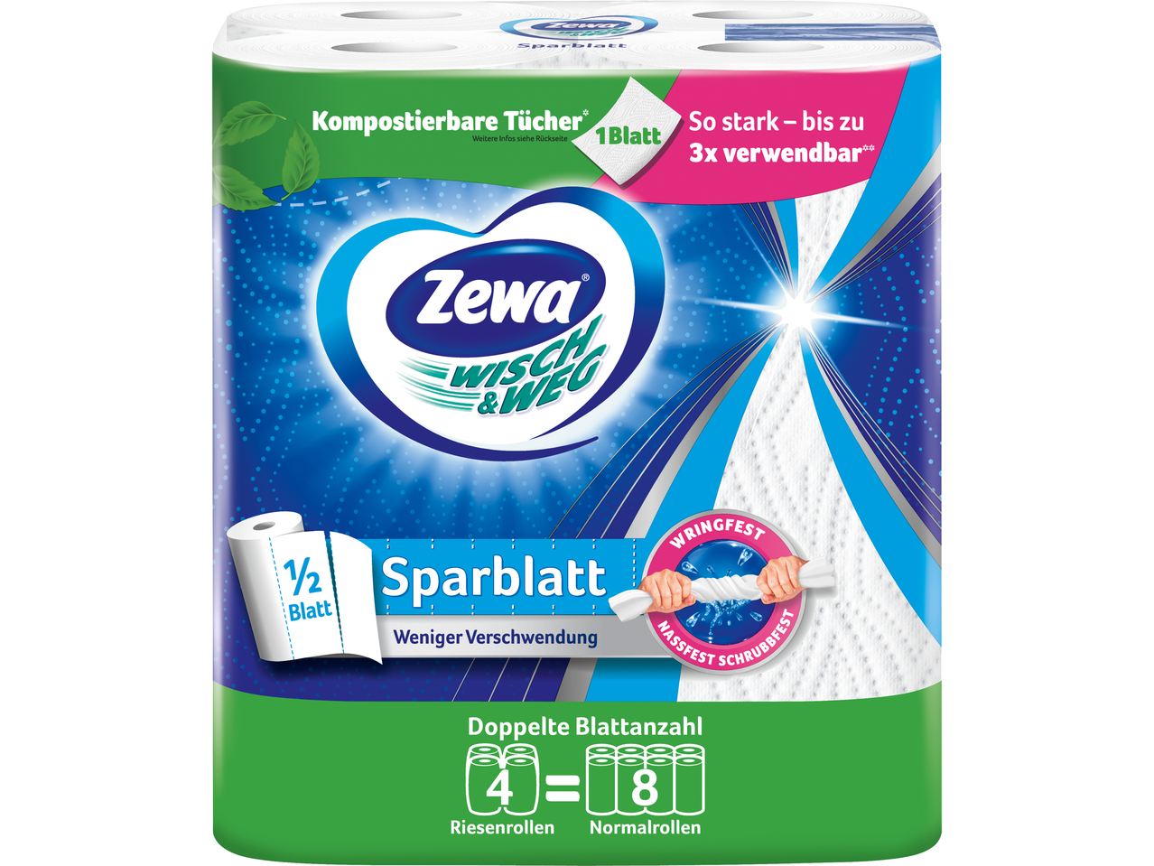 Zewa Wisch & Weg: Kompostierbare Papiertücher, doppelte Blattzahl, weniger Abfall.