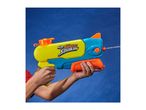 Hands holding a yellow and blue water blaster, spraying water against a blue background.
