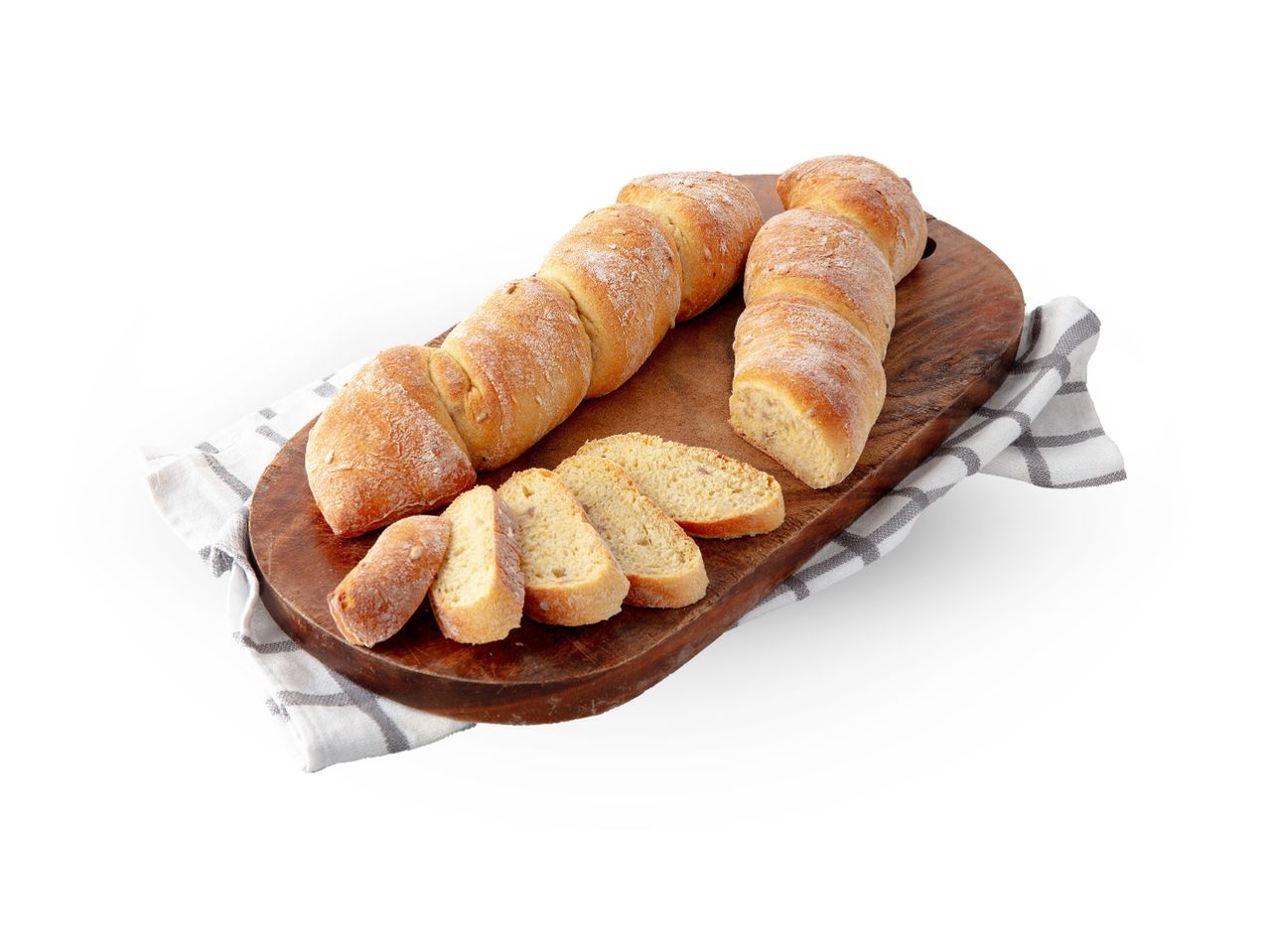 Svježe pečeni kruh i narezane kriške na drvenoj dasci za rezanje s kariranom krpom.