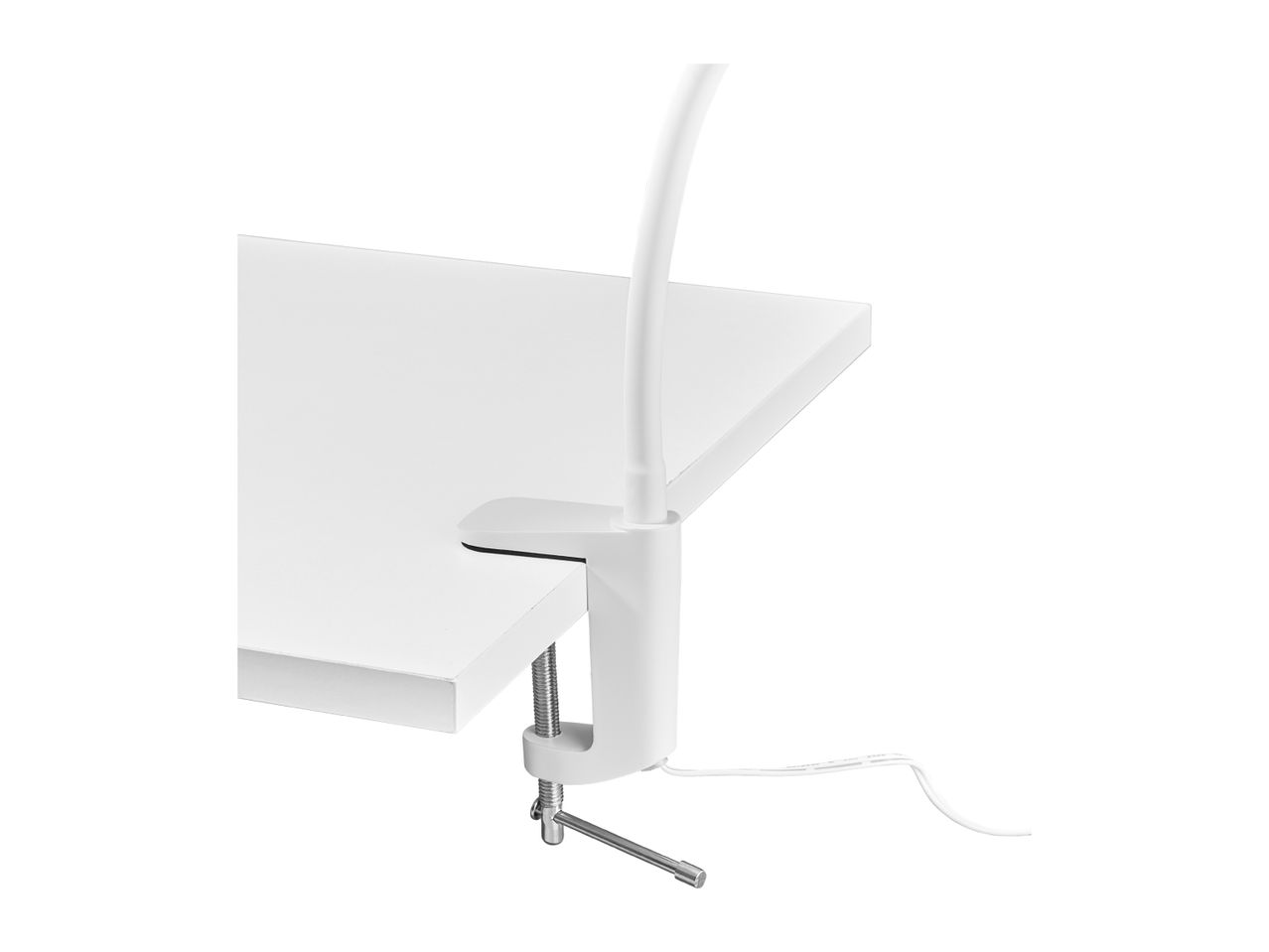 White clamp-on desk lamp attached to a white desk with a visible power cord.