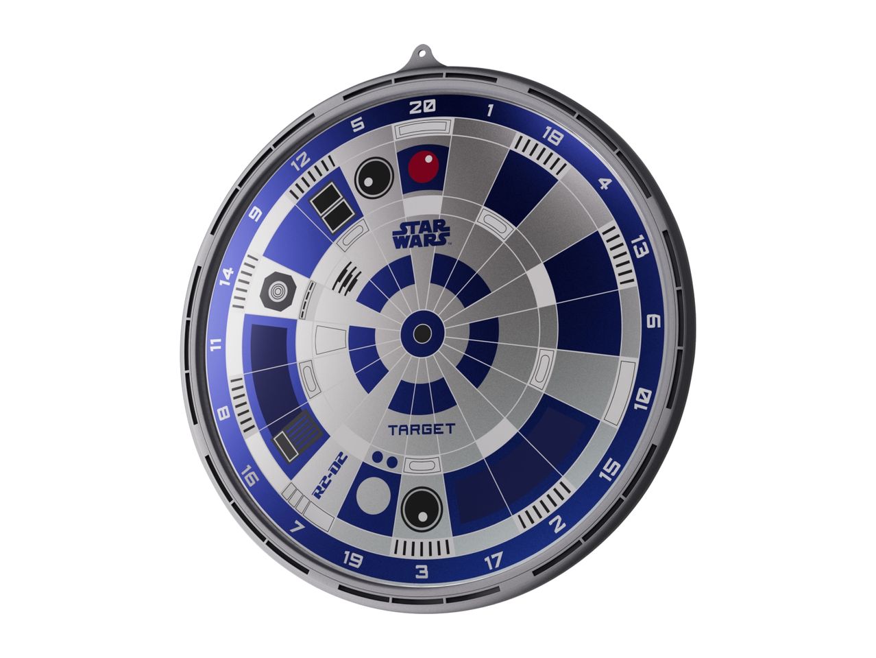 R2-D2 themed dartboard with numbers 1-20, blue and silver design, and a target in the center.