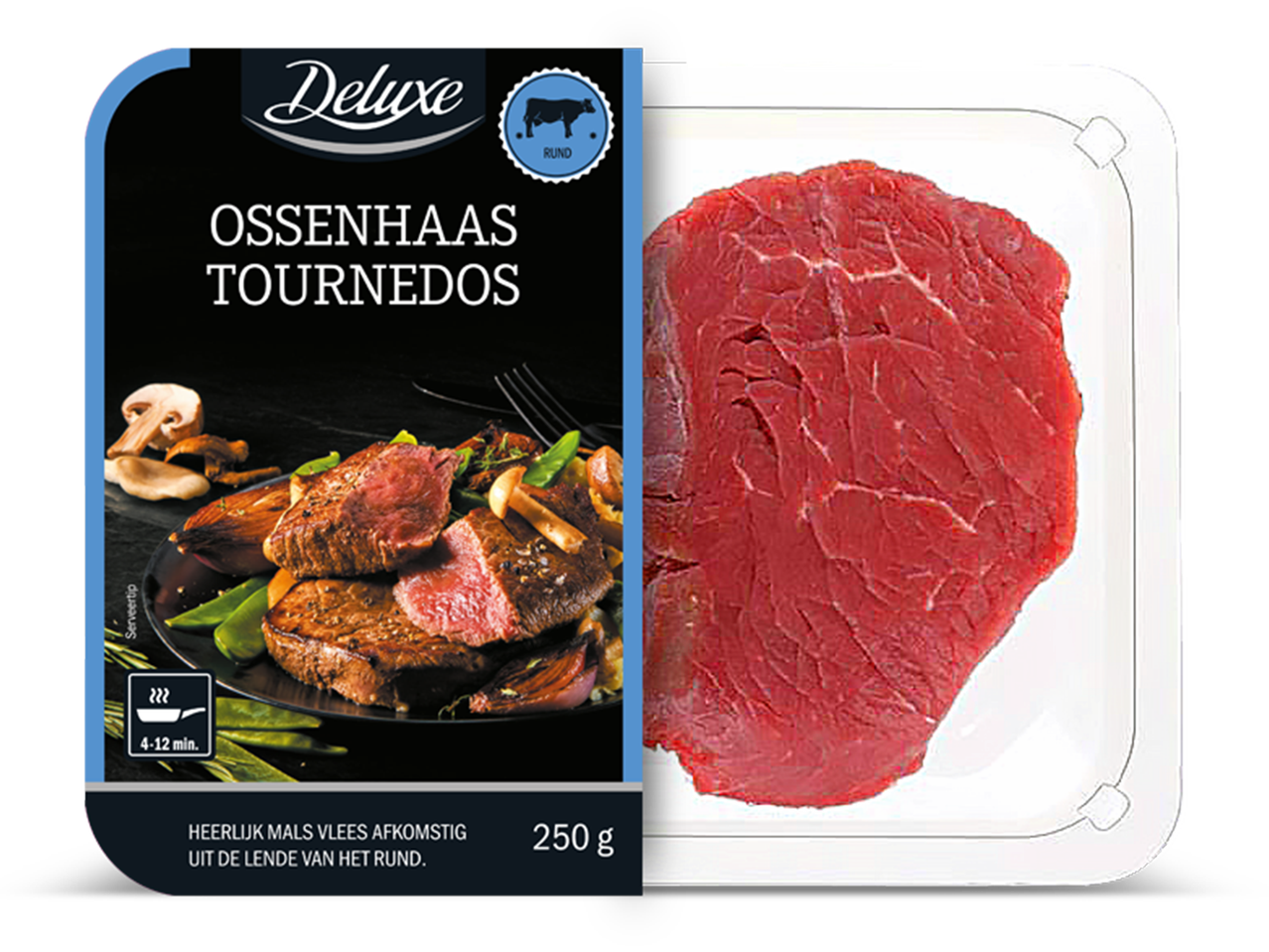 Verpakking met ossenhaas tournedos en een afbeelding van bereid vlees met groenten.