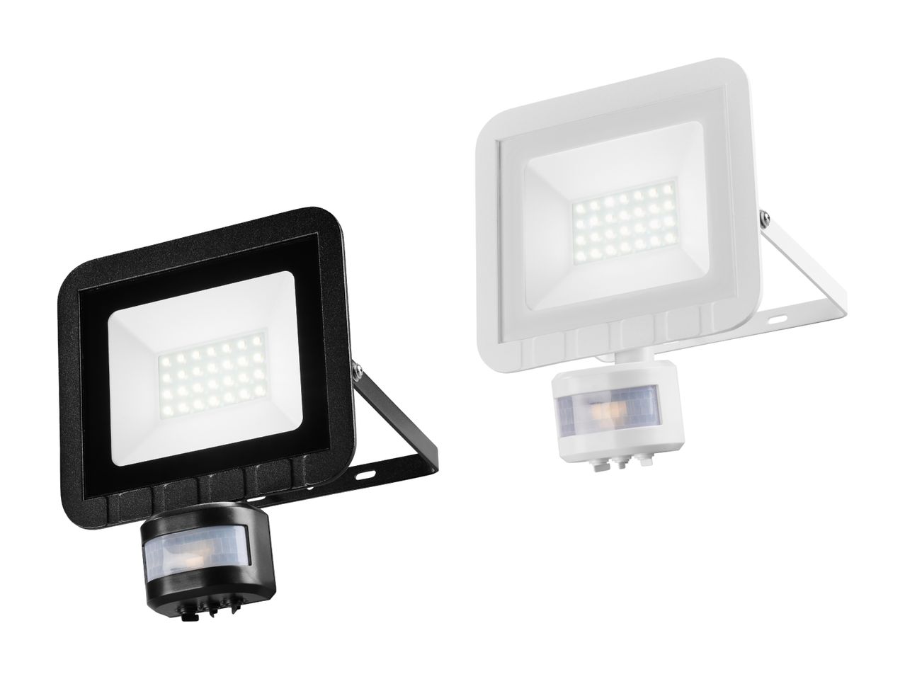 Zwei LED-Flutlichter mit Bewegungssensor, eines schwarz, eines weiß.