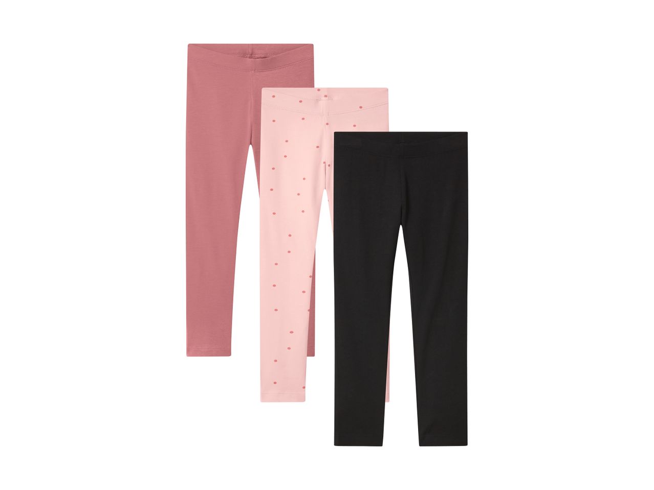 Tre par leggings til børn: et par i rosa, et par i lyserød med prikker og et par i sort.