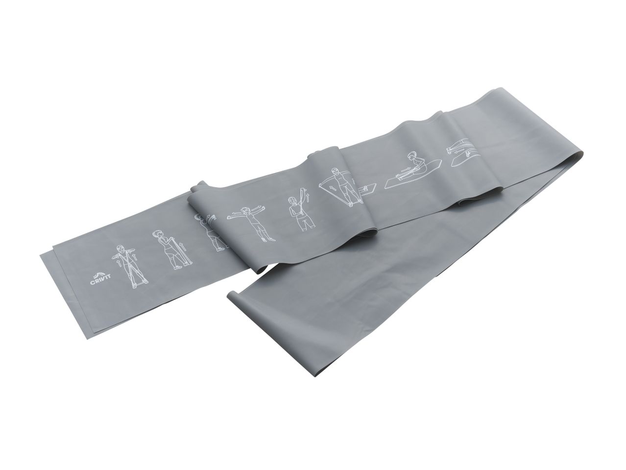 Grey resistance band with white exercise illustrations.