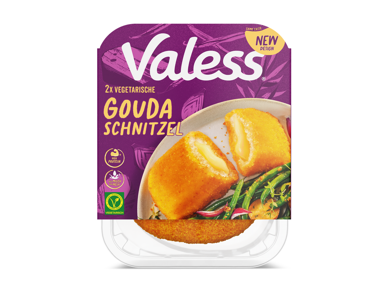 Verpakking met twee vegetarische Gouda schnitzels, waarvan één opengesneden met gesmolten kaas.